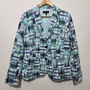 Talbots Blue Madras Plaid Patchwork Blazer Sz 10 Lined Preppy Office Cotton Work